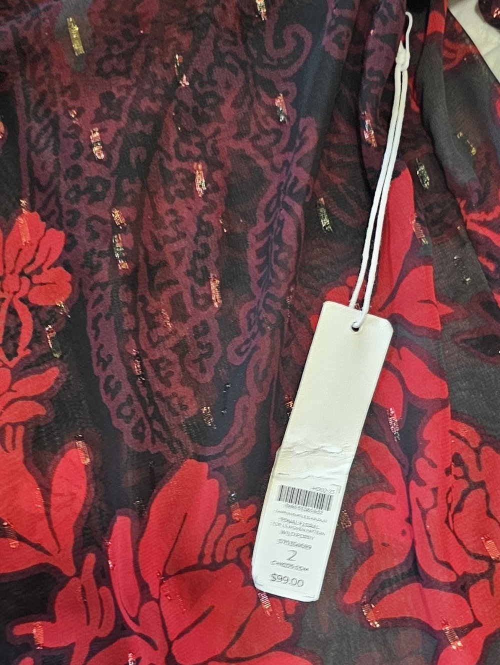 Chicos Sheer Red Black Floral Ruffled Blouse NWT 2 - Picture 8 of 16